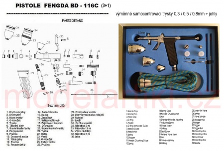 Airbrush set stříkací pistole Fengda BD-116c/0,3/0,5/0,8mm (3+1), 016/BD116c